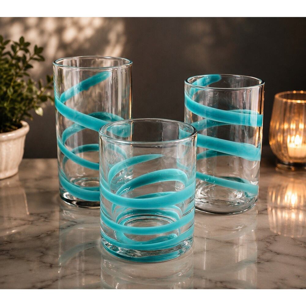 Art Glass Teal Swirl Tumblers Set of 3 Tapered Sizes Hand Blown Pier 1?